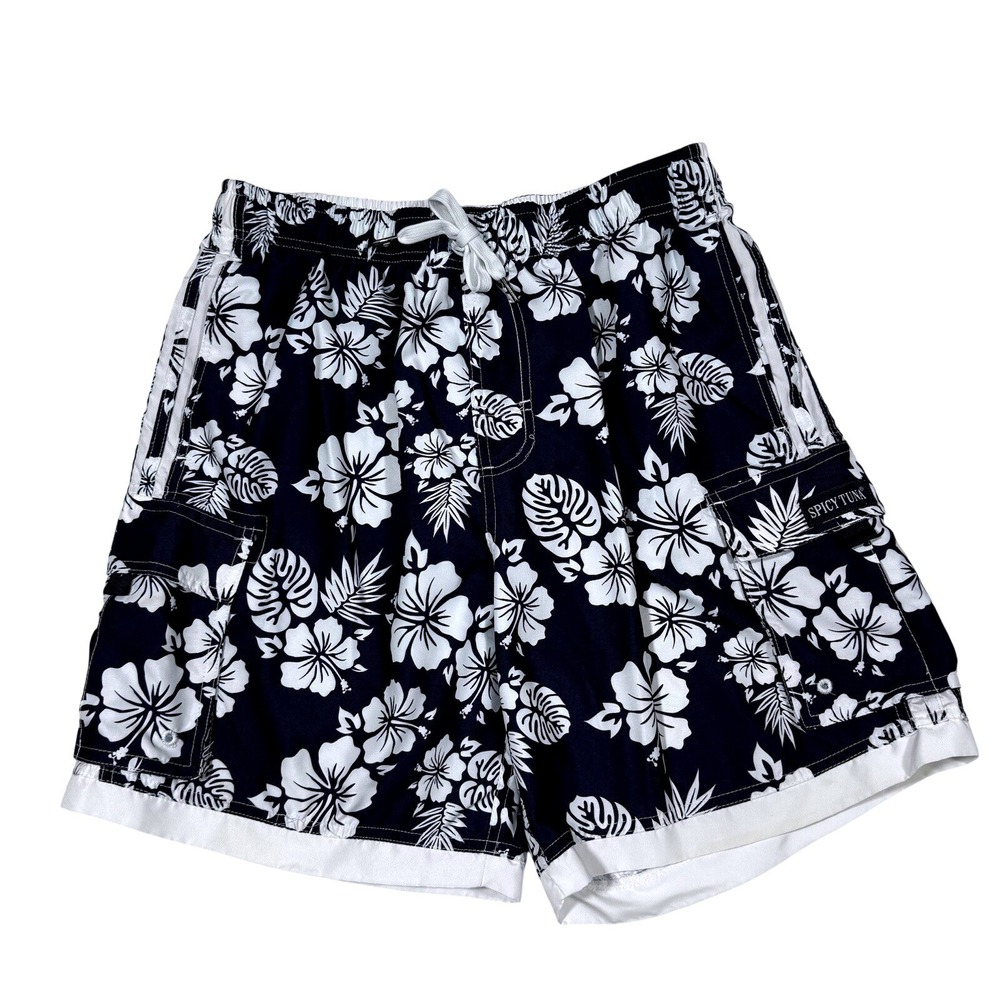 Spicy Tuna Swim Trunks Mens Medium Navy Blue Floral Hibiscus Cargo Board Shorts